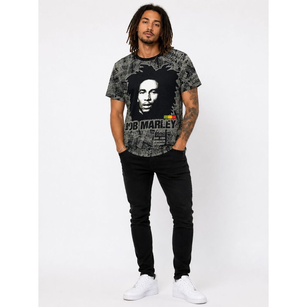 Vintage Bob Marley Zion Rootswear Newspaper Print Graphic T Shirt Black Gray M